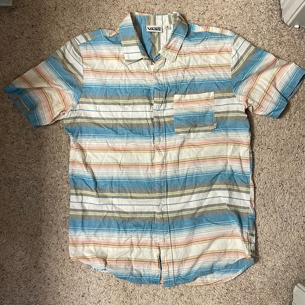 Vans Multicolor Striped Short Sleeve Button-Down Shirt (Blue, White, Tan)